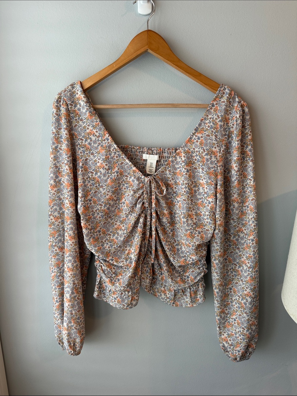 H&M Floral Ruched Front Tie Long Sleeve Top
